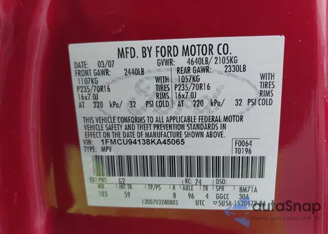 2008 Ford Escape Limited из США, поврежденный, VIN 1FMCU94138KA45065